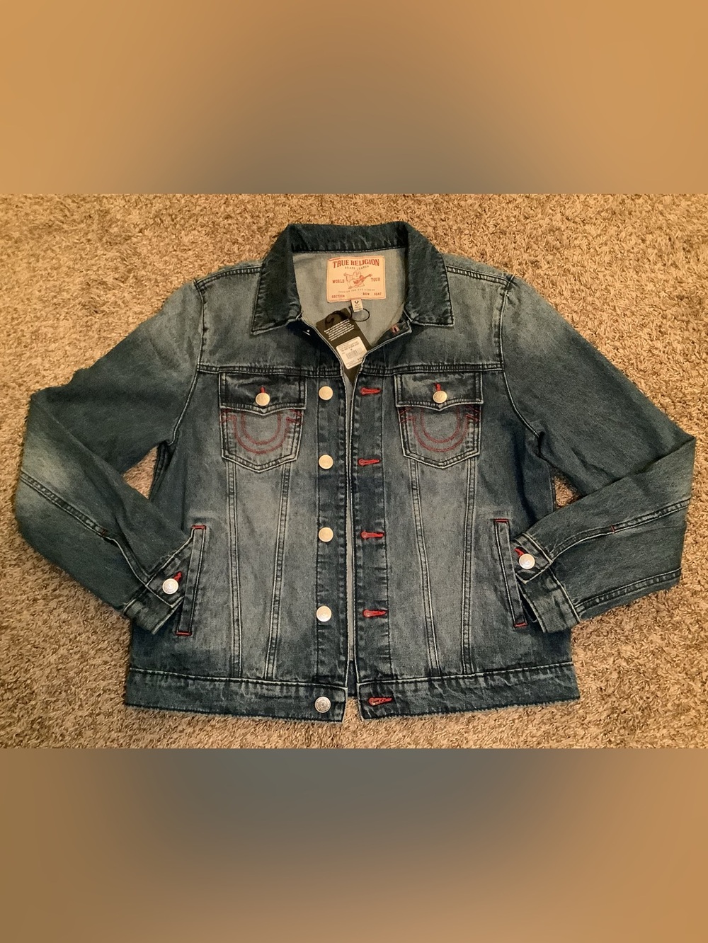 True Religion Logo Print Denim Jacket, color medium blue quartz wash, size: M